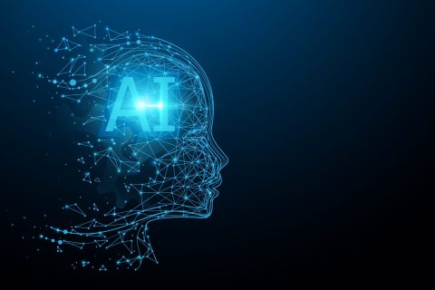 AI - Artificial intelligence. Ai digital brain. Robotics concept. Human face made from polygon. Illustration vector